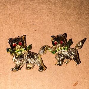 Gold Kitty Brooch Set with Green Bows and Red Rhinestone Eyes